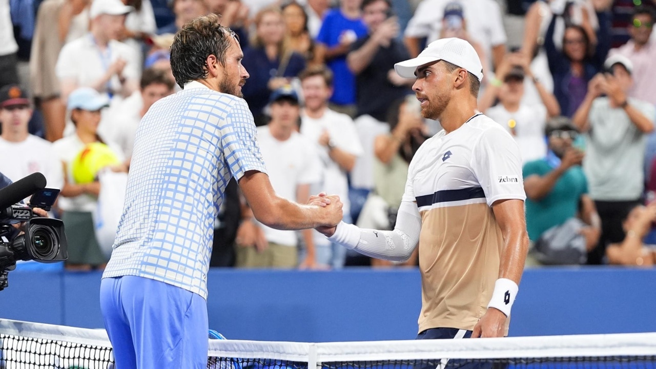 Daniil Medvedev and Benjamin Bonzi shake hands at the net after their men's singles match at the 2025 US Open on Sunday, Aug. 24, 2025 in Flushing, NY. (Manuela Davies/USTA)