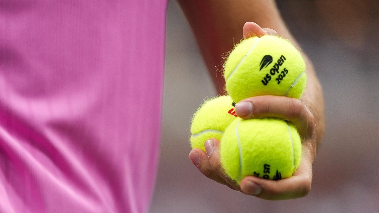 A detail view of tennis balls held by Carlos Alcaraz during a men's singles championship match at the 2025 US Open on Sunday, Sep. 7, 2025 in Flushing, NY. (Darren Carroll/USTA)