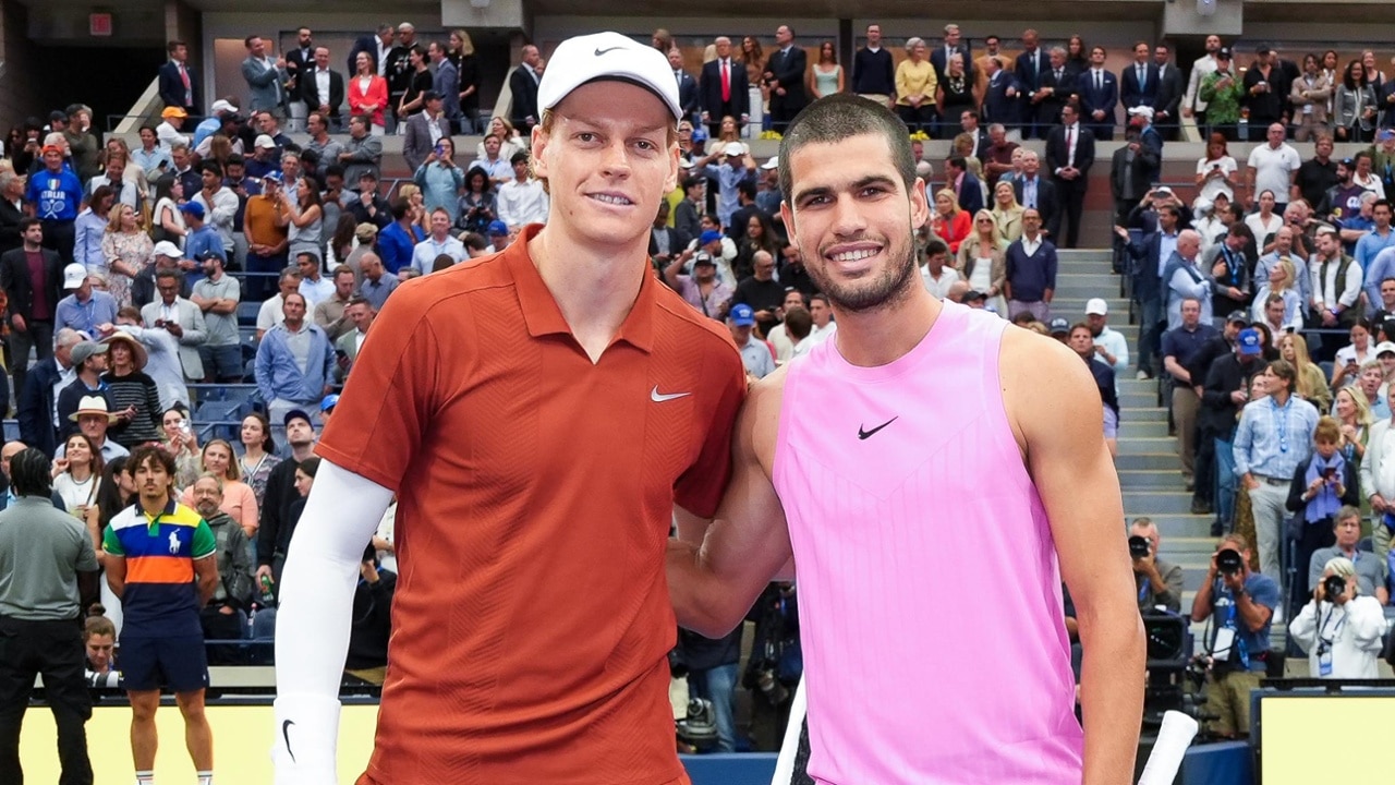 Jannik Sinner and Carlos Alcaraz pose for a photo before a men's singles championship match at the 2025 US Open on Sunday, Sep. 7, 2025 in Flushing, NY. (Darren Carroll/USTA)